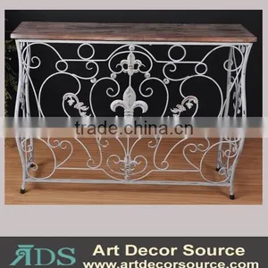 Vintage White Metal Art Base Wood Industrial Console Table thumbnail-1