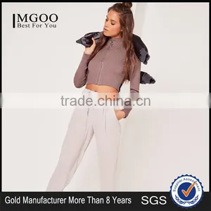 High Waist Short Style Women Knitted Crop Zip Through Cold Shoulder Crop Jumper Purple thumbnail-1