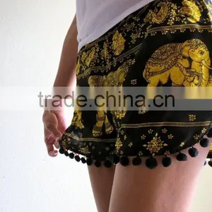 Vintage Bohomian Hippies Gypsy Girls Womens Pom Pom Trimming Shorts Elephant Ethnic Cotton Printed Ladies Viscose Beach Casual thumbnail-4