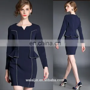 Ladies High Quality Navy Dress Above Knee, Peplum Waist Dress for Fall thumbnail-1