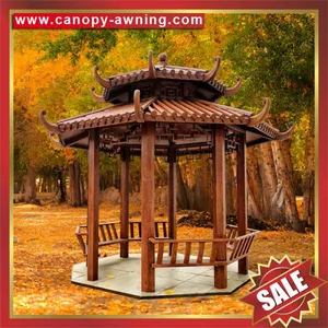 Outdoor Park Garden Antique Wood Look Aluminum Metal Gazebo Pavilion Canopy Awning Shelter Cover for Sale thumbnail-5