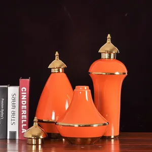 Retro Gild Fashion Light Luxury Orange Green Ceramic Flower Vase For Showroom Decor thumbnail-1