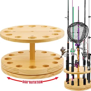 Fishing Rod Holders for Garage Organizer Stand Rack Wooden Round Floor Stand Fishing Rod Rack Holds Fishing Pole Rack thumbnail-2