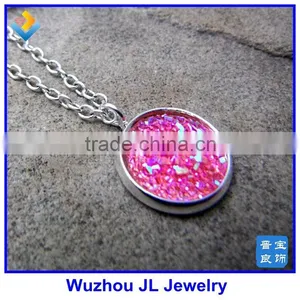 12MM Round Pink Drusy Stone Necklace Hot Pink Druzy Necklace thumbnail-2