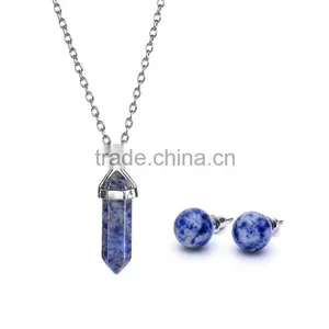 Big Promotion Rose Quartz Natural Stone Bullet Wire Necklace Earrings Jewelry Set SMJ0169 thumbnail-3