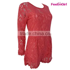 OEM Long Sleeve Short Red Lace Wedding Dress Patterns thumbnail-3