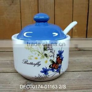 Ceramic Sugar Bowl With Blue Lid and White Spoon thumbnail-1