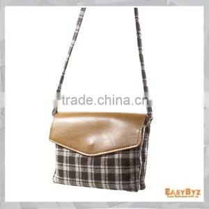 Check Pattern Lint and Leather Hybrid Bag for Smart Phones With Strap Size: 19 x 12cm(L x W) thumbnail-1