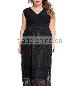 Women's Plus Size V Neck Sleeveless Prom Lace Black Dresses thumbnail-3