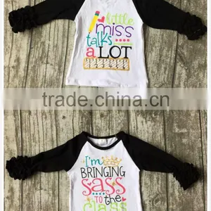 Baby Girls Three Quarter Icing Boutique Raglans White Black Top Shirts Pencil Ruler Crown Children Clothes Back to School Cotton thumbnail-1