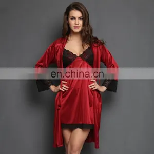 2 Pcs Satin Nightwear Set in Maroon & Black - Short Robe & Nightie thumbnail-1