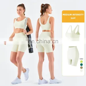 Athletic Ribbed Yoga Fitness Women Square Neckline Sports Bra Biker Shorts Set Gym thumbnail-1