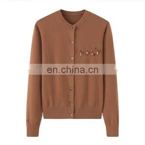 Custom 100% Cashmere Women's Button Knitted Cardigan New Casual Logo Design Crew Neck Single Breasted Closure Animal Winter thumbnail-6