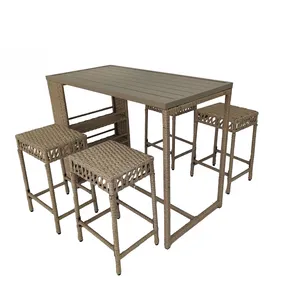 5 Piece Beige Rattan Wicker Bar Set, Patio Dining Furniture, Wine Glass Holder and 4 Bar Stools thumbnail-2