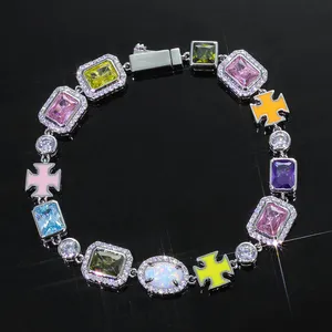 Geometric Colorful CZ Gemstone Chain Bracelet 10mm Silver Gold Multi Color Enamel Motif Hip Hop Unisex Jewelry Gift thumbnail-1