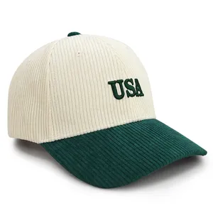 Vintage Ivy League Preppy Aesthetic Two Tone Corduroy USA Letter Embroidered 6 Panel Baseball Cap thumbnail-5