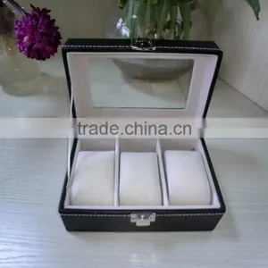 Luxury Black Leather Shadow Window Lid Watch Box Gift Box Lint Lock Front Black Jewelry Leather Box thumbnail-2