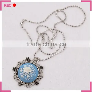 Fancy Stone Necklace With Bead Chain, Engraved Flower Stone Pendant Necklace thumbnail-2