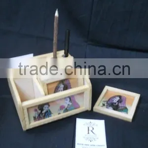 Rich Art And Craft Jaipur Rajasthan Wooden Handicraft Handmade Office Set of Pen Stand Tea Coaster thumbnail-3