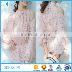 2017 Wholesale Summer Women Tie Neck Cold Shoulder Long Sleeve Print Blouse thumbnail-1