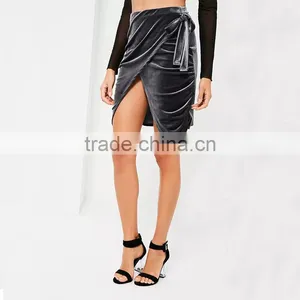 2017 New Fashion Ladies Soft Mini Sexy Grey Tie Side Wrap Velvet Skirt thumbnail-5