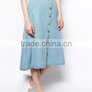 Hot Selling Women Jean Skirt Cotton a Line Midi Skirt in Denim thumbnail-1