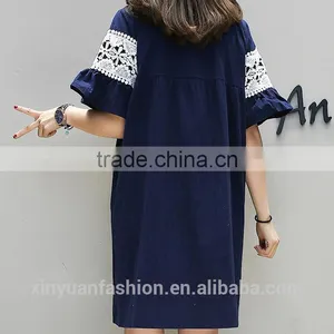 Women Linen Dress Lace Short Flare Sleeve for Women Ladies Apparel thumbnail-3