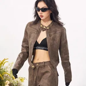 Custom Zupper Suede Windproof Motorcycle Jacket Fall Autumn Winter Zipper Short Crop Jacket Lady Women's Pu Leather Coat Jackets thumbnail-1