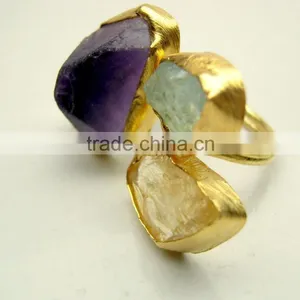 Amethyst, Aquamarine & Citrine Raw Natural Gemstones Ring, Matt Finish Adjustable Rings, 925 Solid Sterling Silver Vermeil Rings thumbnail-3
