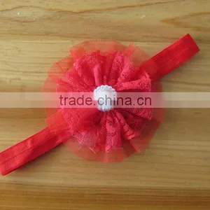 Lace Flower Headband With Pearl Rhinestone in Center for Kids Hair Accessories thumbnail-4