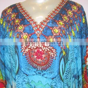 DIGITAL Print Crepe Crystal Embellished Kaftan CAFTAN Tunic Poncho Blouse thumbnail-3