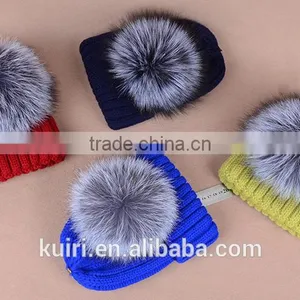 Hot Selling Beanie Hat With Snap and Big Size Silver Fox Fur Ball on Top thumbnail-3