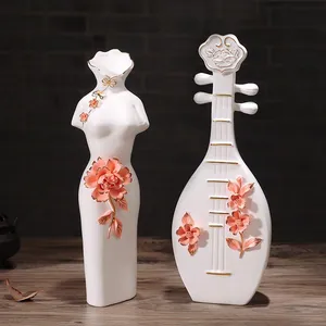 Creative Chinese Classical Cheongsam Lute Yellow White Ceramic Vase For Coffee Shop Decor thumbnail-1