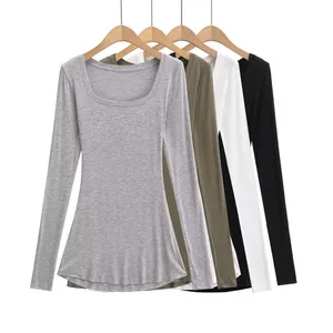 Solid Color Design Niche Long Sleeve Sleeve T-shirt Sexy Spice Girl Big U Collar Light Breathable Base Shirt thumbnail-1