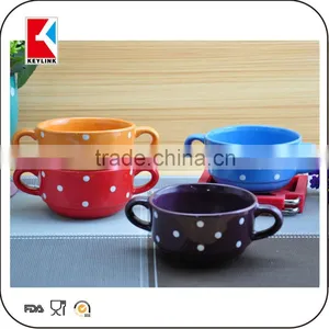 Wholsale Silkscreen Printed Bowl Color Glazed Two Handle Cereal Soup Bowl Ceramic thumbnail-5