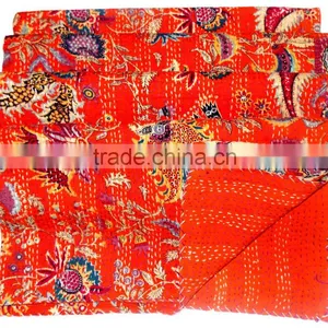 Cotton Reversible Quilt/ Wedding Kantha Quilt Textile/ Vintage Kantha Throw, Cotton Bedroom Bediing Handmade Floral Gudri Bedspr thumbnail-2