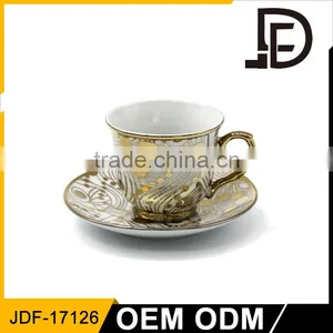 Wholesale Gold Electro Plating Custom Printed Durable Porcelain Tea Cup and Saucer thumbnail-1