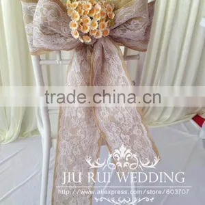 Natural Burlap Hessian Chair Sash Jute Chair Band With Lace at Middle for Rustic Wedding thumbnail-1