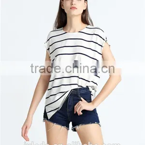 European American Style Leisure Loose Knitting Minimalism Round Collar Short Sleeve Stripe T-shirt thumbnail-1