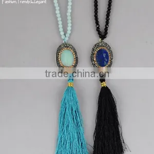Fashion Long Hand Knotted Druzy Tassel Necklace, Druzy Beaded Neckalce thumbnail-1