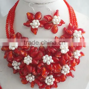 Especially Designed for Wedding!!! Your Own Style With Red Crystal and White Pearl Beads Jewelry Set thumbnail-1