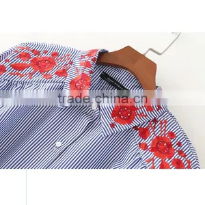 High Quality Womens 100% Cotton Long Sleeve Embroidery Strip Shirt thumbnail-3