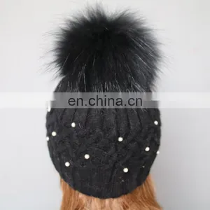 Fashion Design Black Knitted Pattern Wool Blend Hats With Fur Pom thumbnail-4