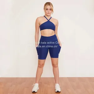 Women 2 Piece Sweatsuit Yoga Gym Outfits High Waisted Biker Shorts With Sport Bra Tracksuit Set thumbnail-4
