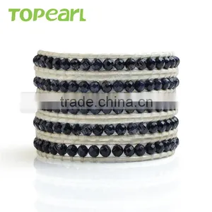Topearl Jewelry Blue Sandstone Fashion Bracelet Woven Leather Wrap Bangle 33.5 Inches CLL138 thumbnail-1
