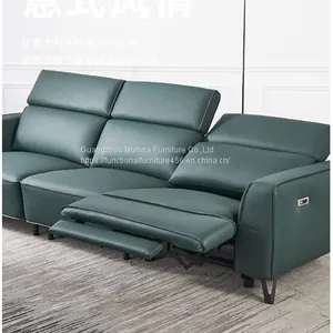 New Italian Style First Layer Cowhide Straight Row Functional Sofa Modern Minimalist Manual Headrest Metal High Leg Leather Sofa thumbnail-1