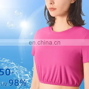 Classical Round Neck Short Sleeve Tee Quick Dry Women Gym Sports Yoga T-shirts Ribbed Anti-UV Sunscreen Workout Fitness Crop Top thumbnail-2