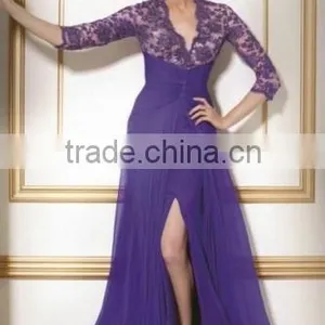 Purple Chiffon and Lace Long Sleeve Sexy Mother of The Bride thumbnail-1