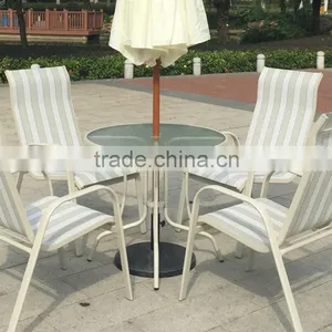 All Weather Proof Coffee Brown 5 Piece Outdoor Garden Balcony Aluminum Sling Patio Furniture Round Glass Dining Table Chair Set thumbnail-6