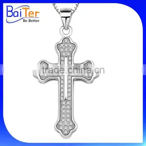 Fashion White Gold Plated Pave Cubic Zircon CZ 925 Sterling Silver Cross Pendant Necklace Pendant thumbnail-1